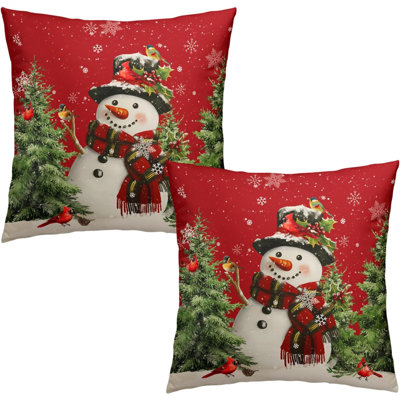 Snowman and Pine Tree Winter Throw Pillow Covers 18 x 18 Inch Set of 2, Red Double Sided Indoor Outdoor Holiday Cushion Cases