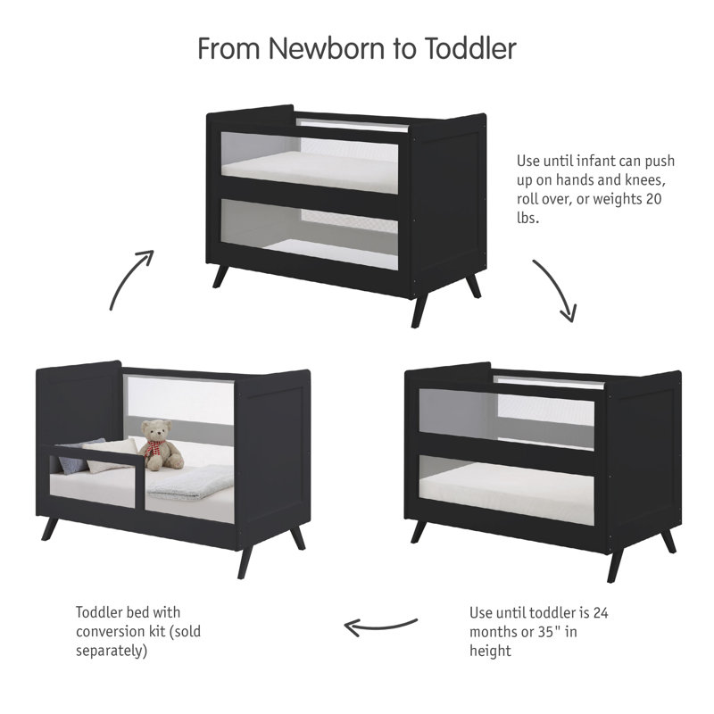 Black Pine Mesh 3-in-1 Convertible Crib with Adjustable Mattress Heights