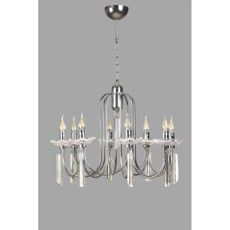 Elegant Chrome Chandelier with Crystal Accents, Adjustable Height 25.6 x 33.5 inches | Metal Body, E14 Socket (Max 40W) | Stunning Lighting Fixture for Living Room, Dining Area & Entryway Décor