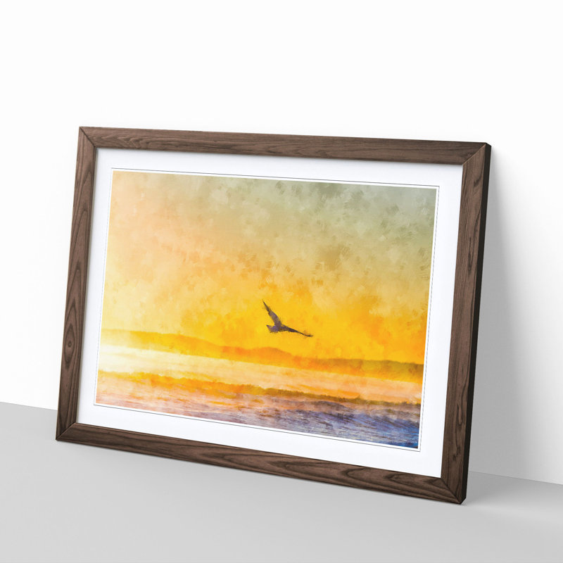 Seagull Flying over the Beach - Framed Print, 24cm H x 33cm W x 2cm D, Walnut Framed