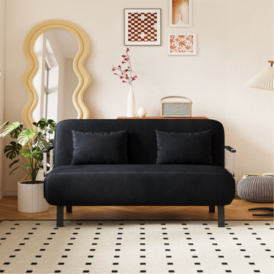 Fauteuil-lit convertible en velours noir de 55 po, canapé-lit à trois volets avec dossier et coussin réglables, canapé-lit de loisirs avec structure en acier robuste pour la maison et le bureau, fauteuil-lit confortable