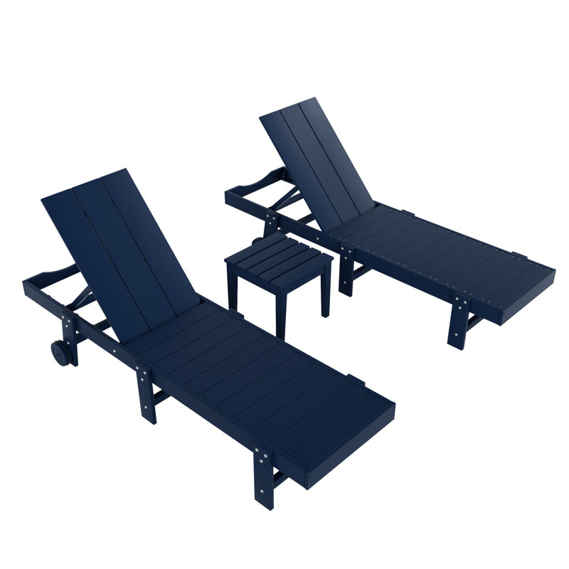 Joubert 77.6" Long Outdoor All-Weather Poly Reclining Single Chaise Set with Table, Navy Blue