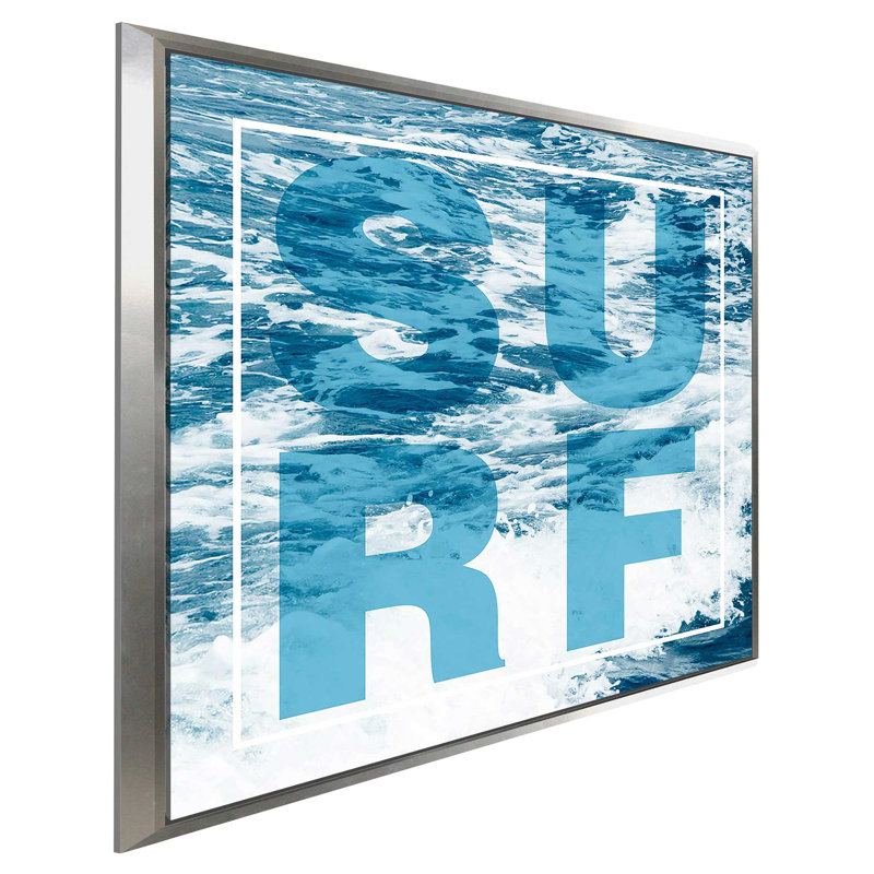 «Surf», art textuel, H 21,5 po x l 21,5 po x P 2 po, Cadre flottant argent