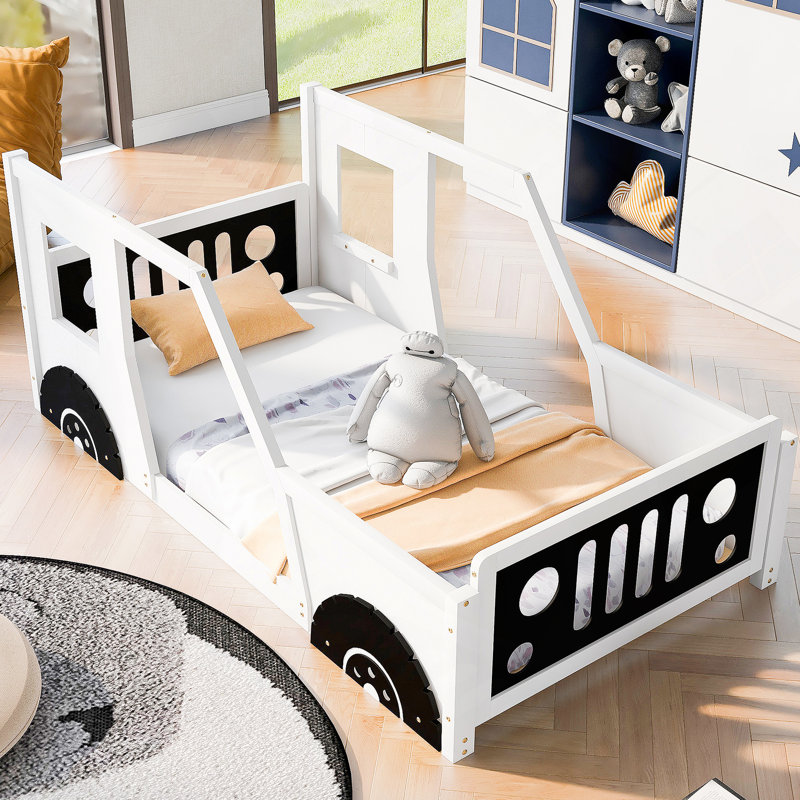 Classic Car-Shaped Platform Bed with Wheels, Twin, White