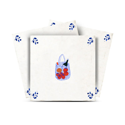 Carreau de mosaïque autocollant en vinyle, motif oranges et coins botaniques bleus, style panier de marché européen vintage 15 x 15 cm