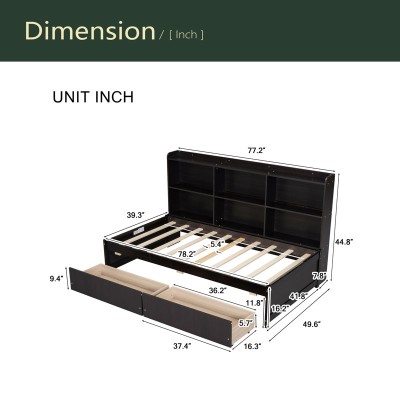 Bed With Side Bookcase, Drawers, Twin
