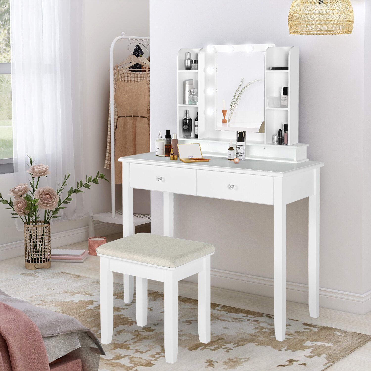 Millwood Pines Makeup Vanity Dressing Table with LED Light