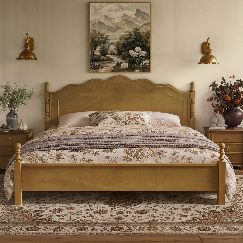 Cadre de lit en bois de style vintage américain classique avec tête de lit incurvée, conception à plateforme pour un soutien robuste, aucun sommier requis, pour les chambres traditionnelles