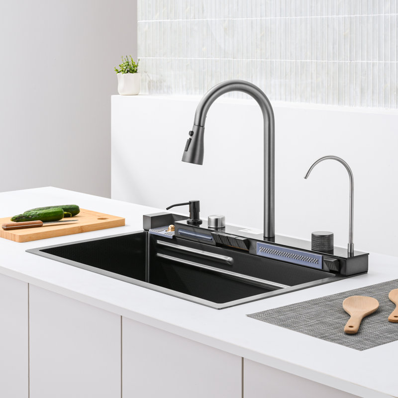 30"L Drop-in Single Bowl Stainless Steel Kitchen Sink with Pull-out Faucet, Digital Display, Cutting Board, Colander, Basket Strainer