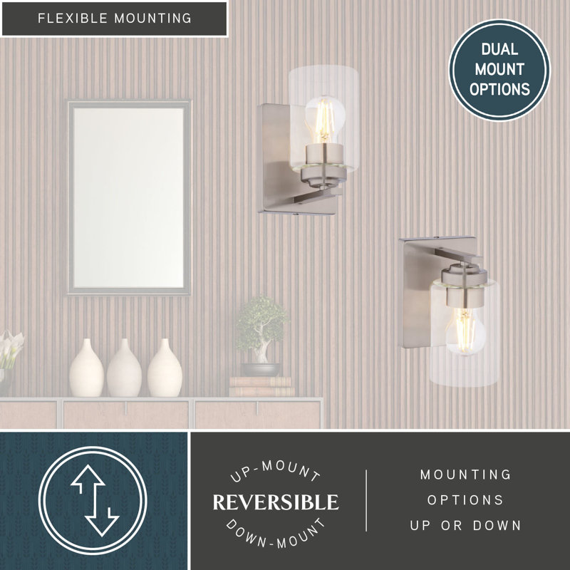 Hitchin Transitional Bathroom Vanity Lighting Fixture, Clear Glass Cylinder Shade, Dimmable, LED Compatible, Reversible Over The Mirror Mounted Steel Wall Sconce