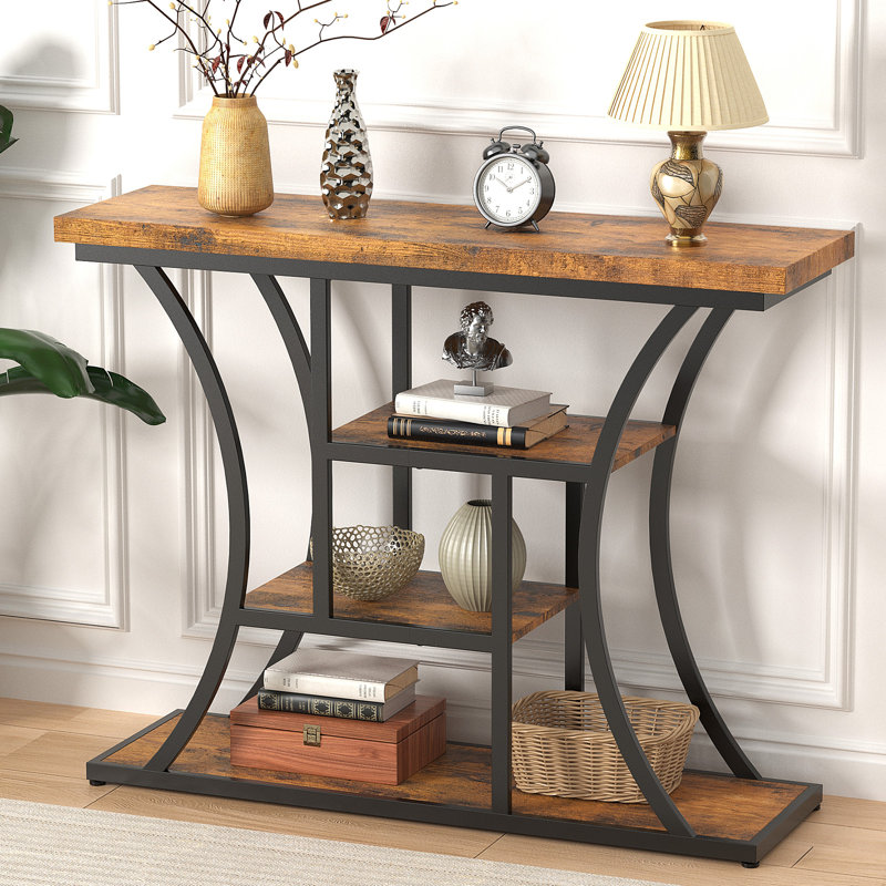 Console, table d'entrée étroite pour le couloir, table de vestibule mince brune et noire avec tablette de rangement, table d'entrée compacte pour petits espaces