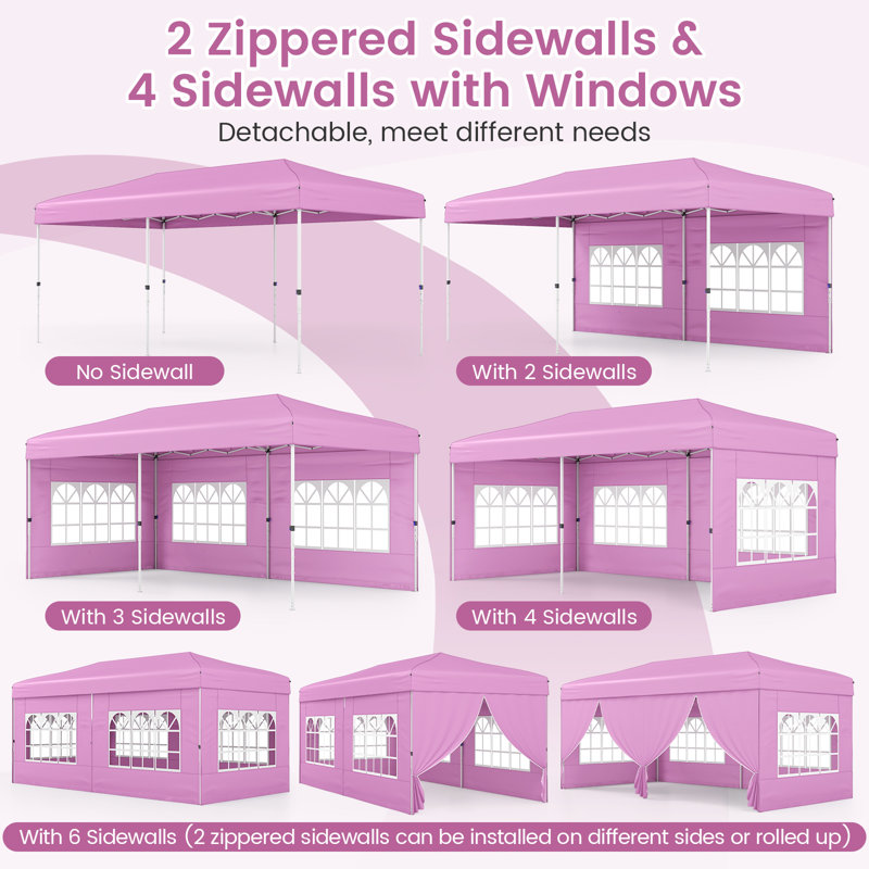10 X 20 FT Pop up Canopy Tent w/ 6 Sidewalls Wheeled Bag 6 Sandbags 10 Stakes, Pink