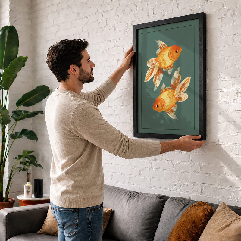 Goldfish Pair Japandi - Framed Print, Black, A3 - 42.0 x 29.7 cm