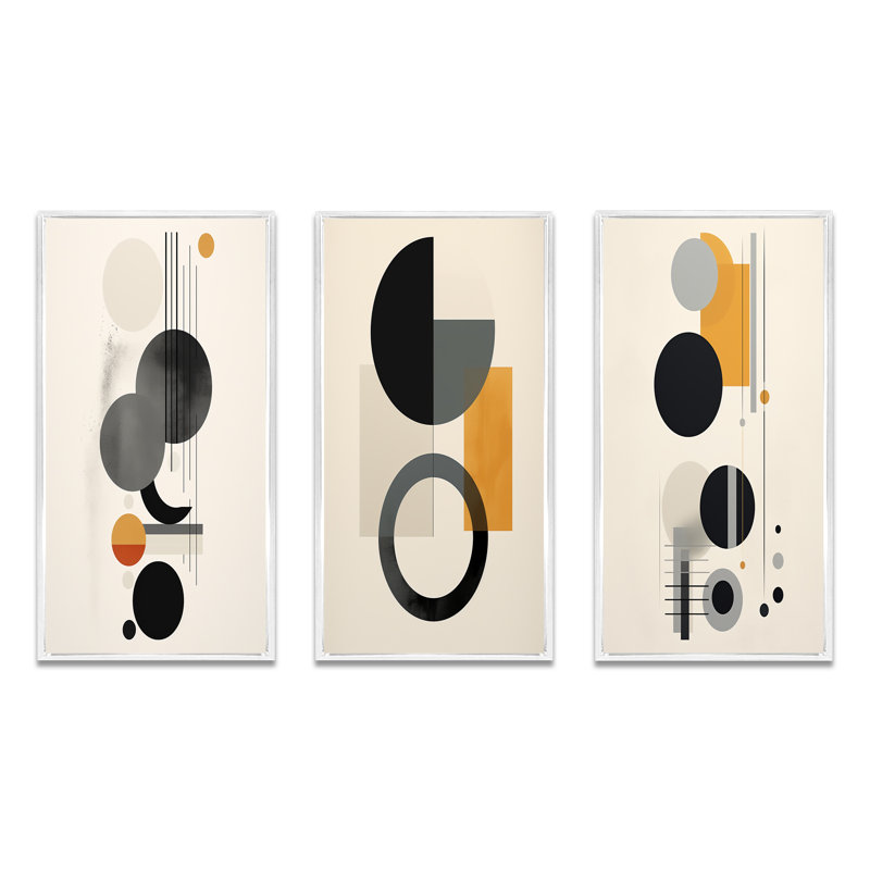 «Minimal Circular Geometric Illustration IV», 3 pièces sur toile, Cadre flottant blanc, H 20 po x l 36 po