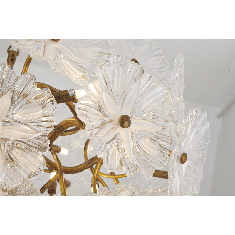 Lustre 28 lumières en bronze antique avec fleurs en verre