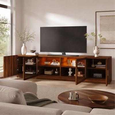 74 Inch TV Stand for TVs up to 85 Inches, TV Console for Living Room, Media Console with Glass Doors and LED Lights, Adjustable Shelf TV Stand for Bed