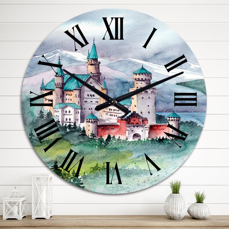Château avec toit bleu dans les montagnes couvertes - horloge murale rétro, Surdimensionné