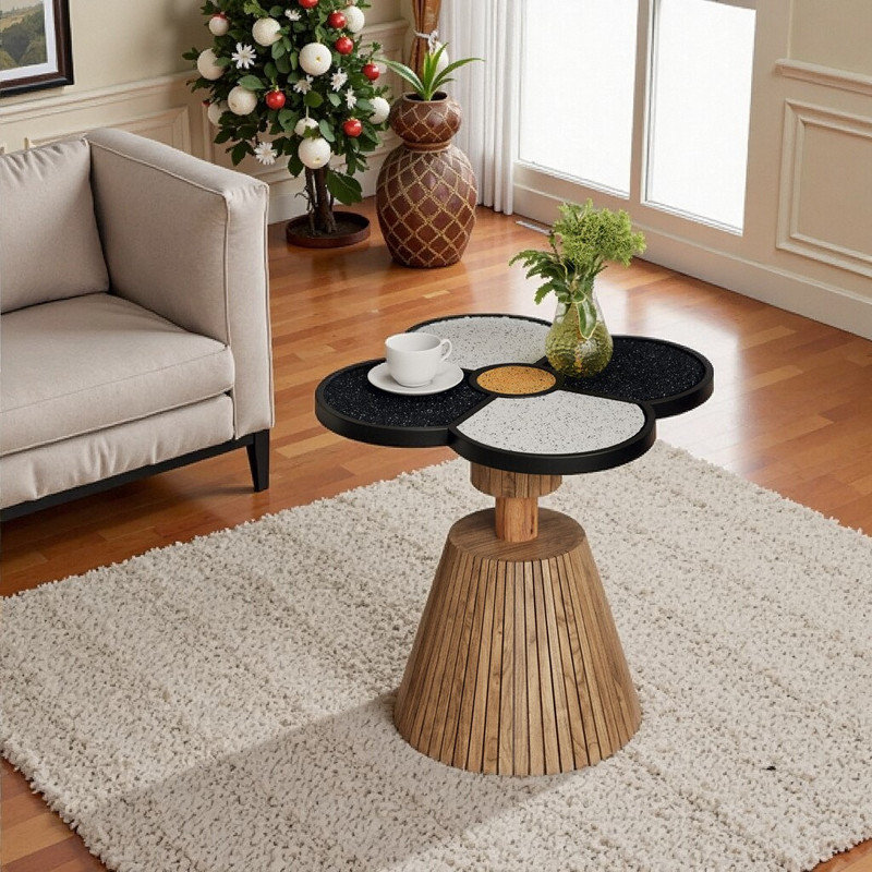 Table d'appoint compacte en forme de trèfle à quatre feuilles avec surface texturée et base en grain de bois