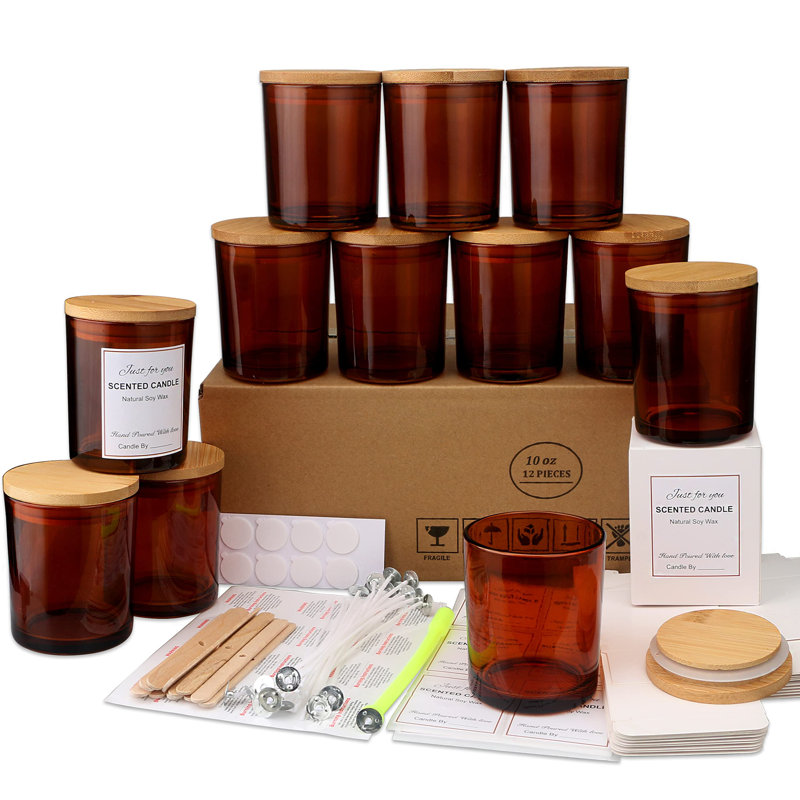12 pots de bougie en verre ambré 10 oz avec couvercles et trousses de fabrication de bougies - vases à bougie vides pour faire des bougies - épices, contenants à poudre.