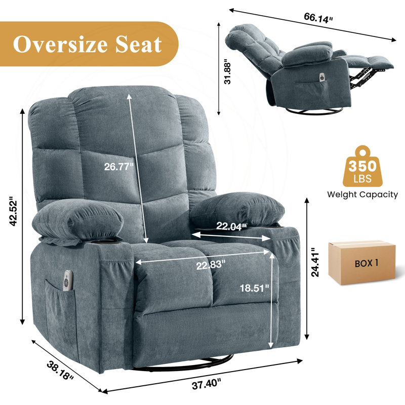 Fauteuil inclinable pivotant surdimensionné avec chauffage et port USB, Tissu bleu