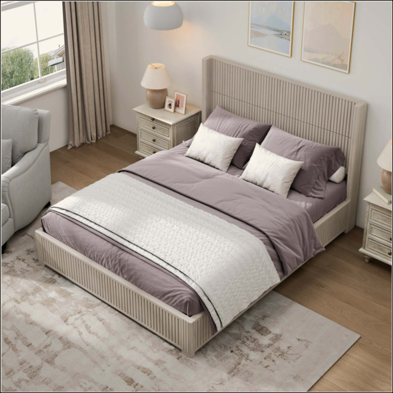 Structure de lit plateforme en bois avec tête de lit, aucun sommier requis, lit sur pied, assemblage facile, Beige, Queen