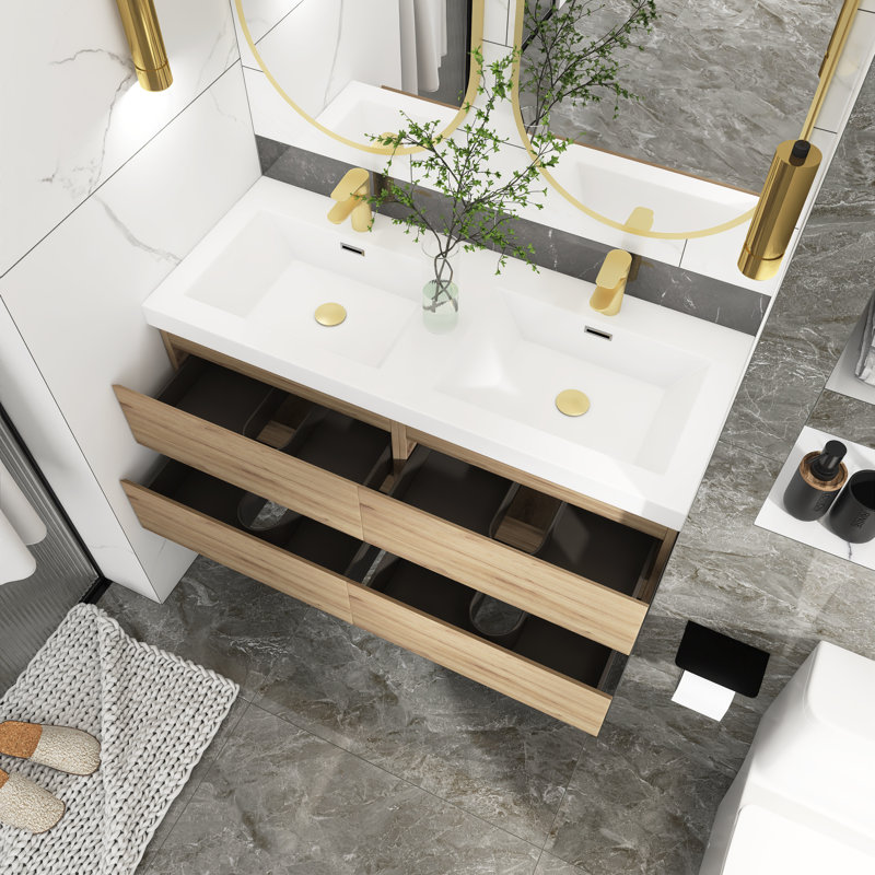 Manthan 48'' Double Bathroom Vanity with Resin Top, Oak