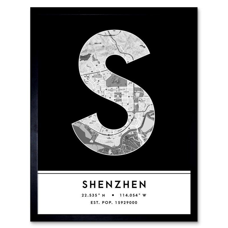 Shenzhen City Map Shenzhen Black & White by Wee Blue Coo - Single Picture Frame Typography