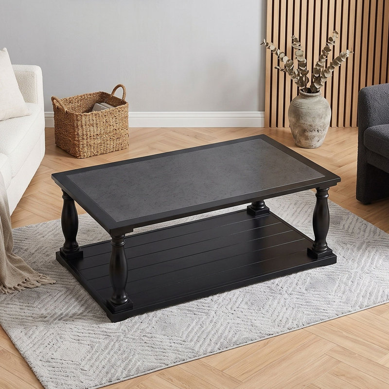 Rectangular Coffee Table with Turned Legs and Lower Shelf, Black