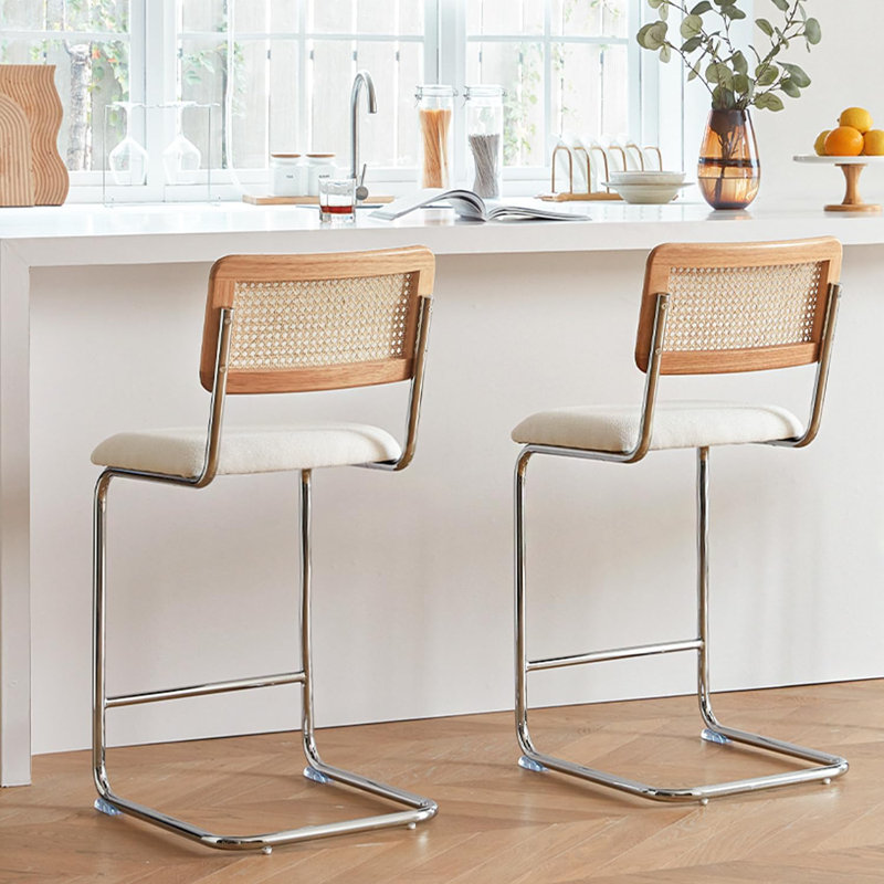 Natural Rattan and Solid Wood Counter Height Stools with White Upholstery and Chrome Metal Legs