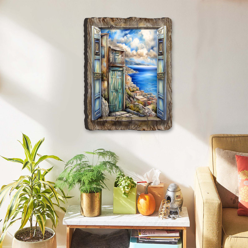 «Coastal View Landscape Window on Wood» par G. DeBrekht, reproduction, H 30 po x l 20 po x P 0,8 po