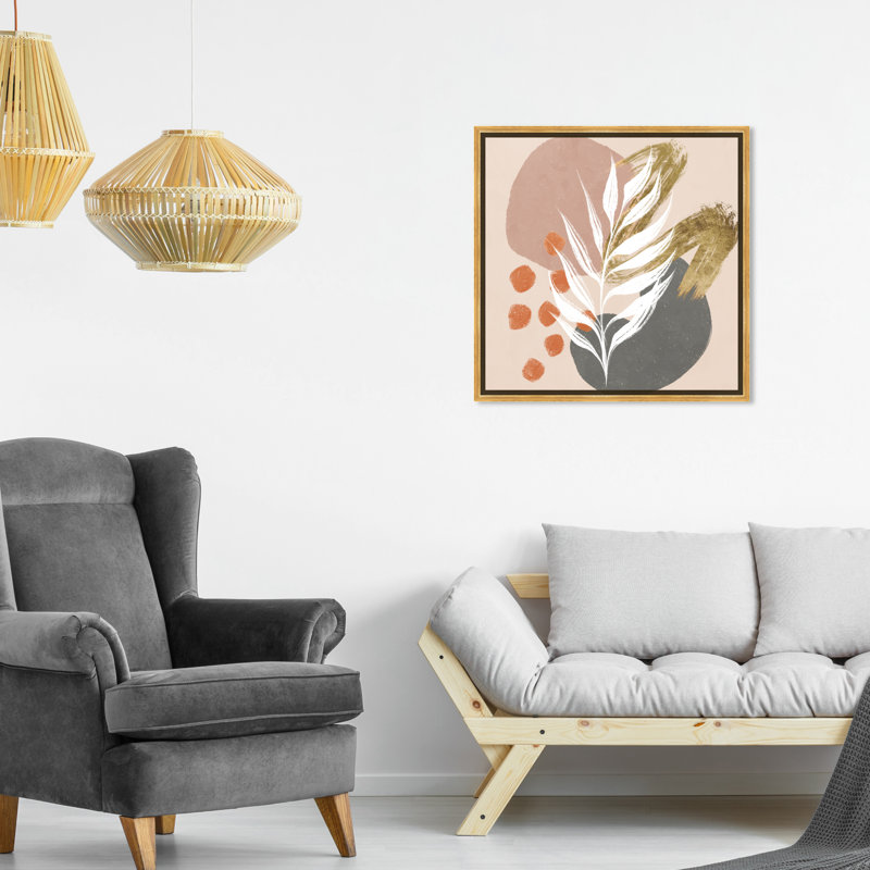 Circles And Brush Strokes Botanical Painting Painting, Gold Floater Framed, 20" H x 20" W