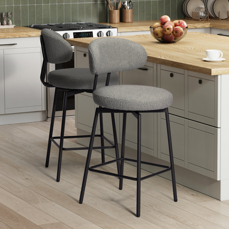 Bayville 27" Faux Shearling Fabric Upholstered Swivel Counter Stool (Set Of 2), Light Gray