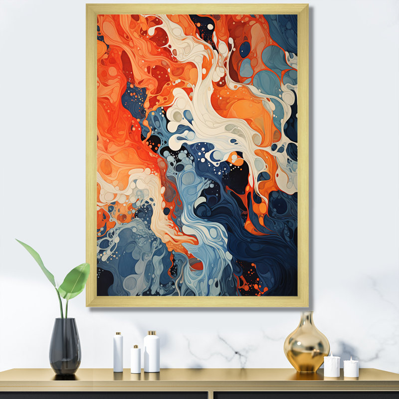 Encre liquide bleue et orange II - art mural abstrait, Encadrement doré, H 44 po x l 34 po x P 1,5 po