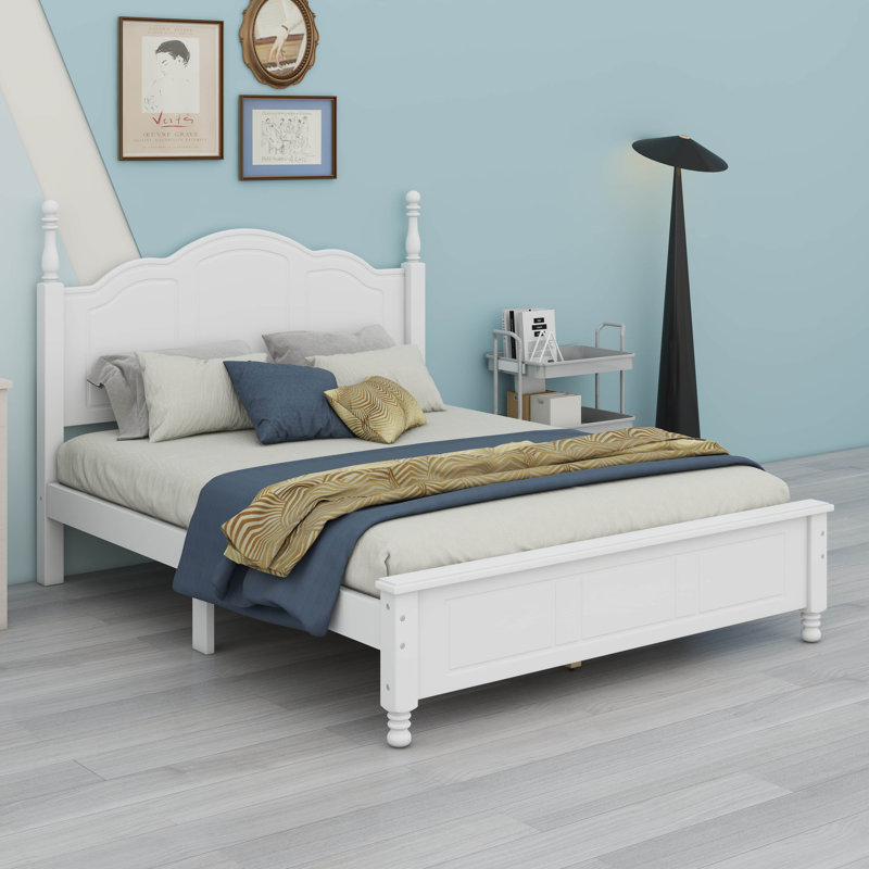 Cadre de lit plateforme en bois, lit plateforme de style rétro avec support de lattes en bois, Blanc, Lit double