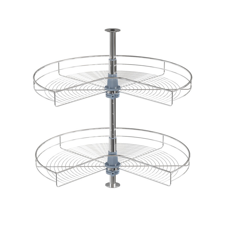 Dowell 2-Shelf Kidney Lazy Susan Corner Cabinet Organizer, 270 Degree Rotating, Adjustable Height, Metal, Silver, 28"