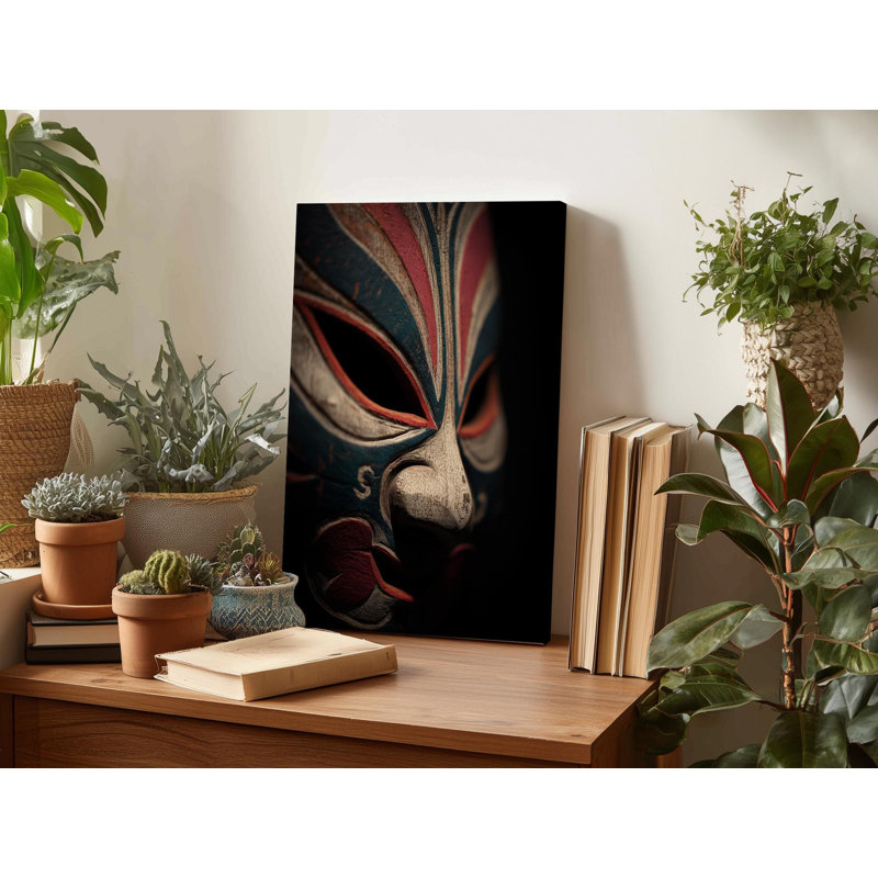 Art sur toile masque traditionnel en bois - décor de théâtre japonais dramatique, impression mystérieuse d'opéra chinois, œuvre du patrimoine asiatique