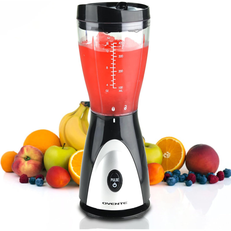 OVENTE Portable Personal Blender for Shakes, Smoothies or Frozen Drinks with 13.5 Oz BPA Free Travel Cup and Lid, Durable Stainless Steel Blades for Powerful Blending Performance, Black BLH1001B