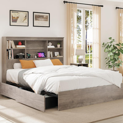 Full Size Bed Frame with Storage Bookcase Headboard, Wood and Metal Construction, 4 Built-In Drawers, Integrated Charging Station, Industrial Bedroom Use