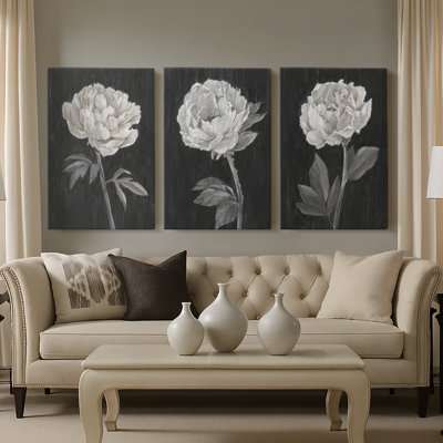 Black and White Flowers I  -Custom Wrapped Gallery Canvas - 3 Pieces