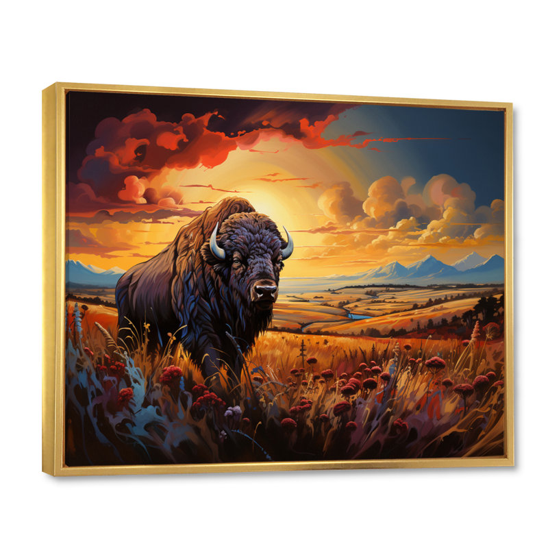 Art amérindien Bison Spirit II - Art amérindien, art mural, H 30 po x l 40 po x P 1,5 po, Cadre flottant doré
