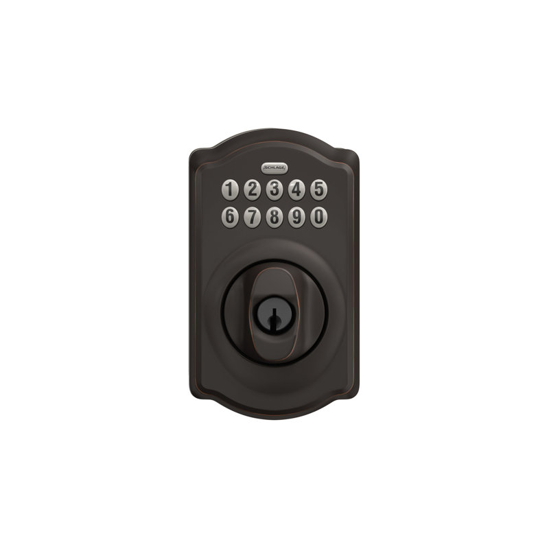 Schlage Keypad Deadbolt with Camelot Trim, Aged Bronze, Yes