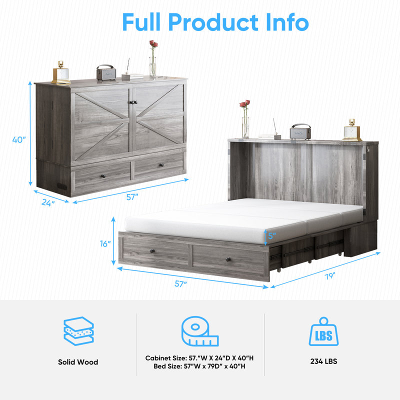Lit double escamotable avec charge USB et grand tiroir de rangement (matelas non inclus), Lit double
