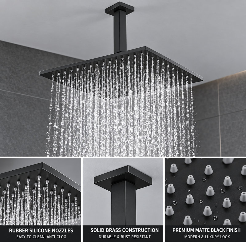 Matte Black 10" Ceiling Mount Rain Shower System with Handheld Spray, Valve & Trim Included