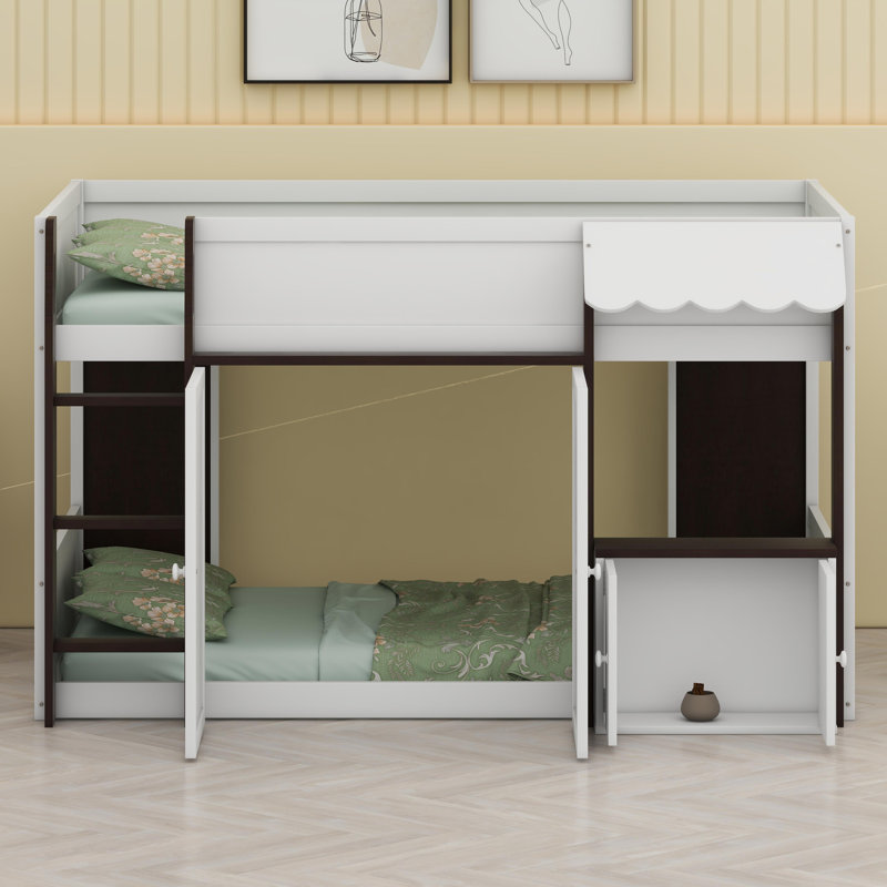 Elevated Cabin-Style Loft Bed Featuring an Integrated Playhouse Nook and Multi-Compartment Storage System, Espresso+White