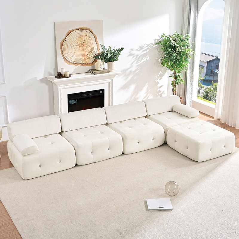Canapé modulaire velours capitonné modulaire, beige, Beige