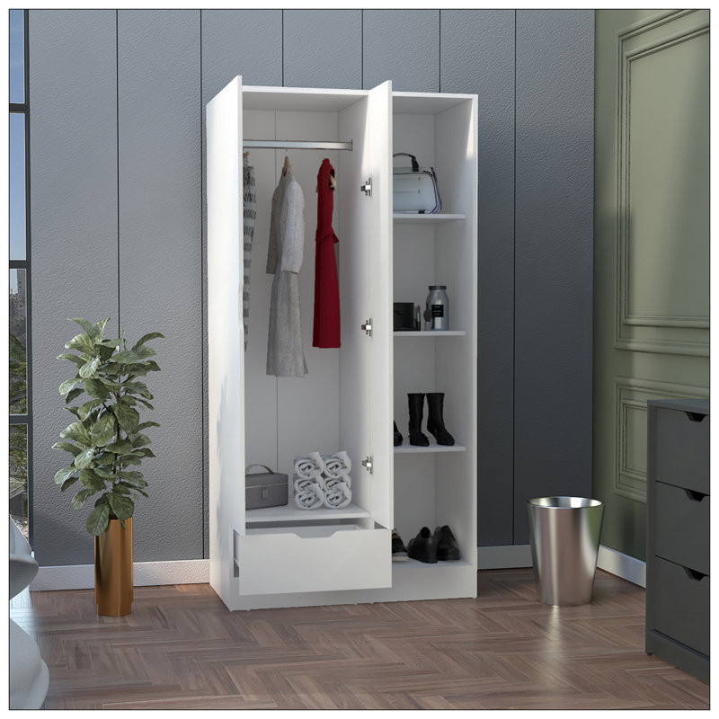Armoire-penderie Memphis avec 4 tablettes de rangement et 1 tiroir, Blanc