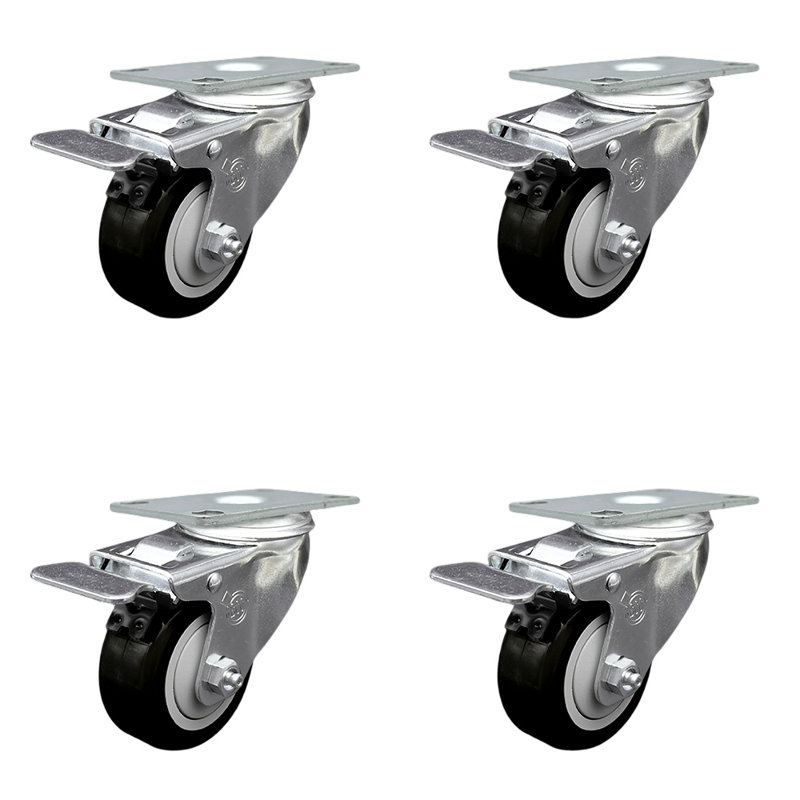 3 Inch SS Maroon Polyurethane Top Plate Caster Set Total Lock Brake SCC, Black
