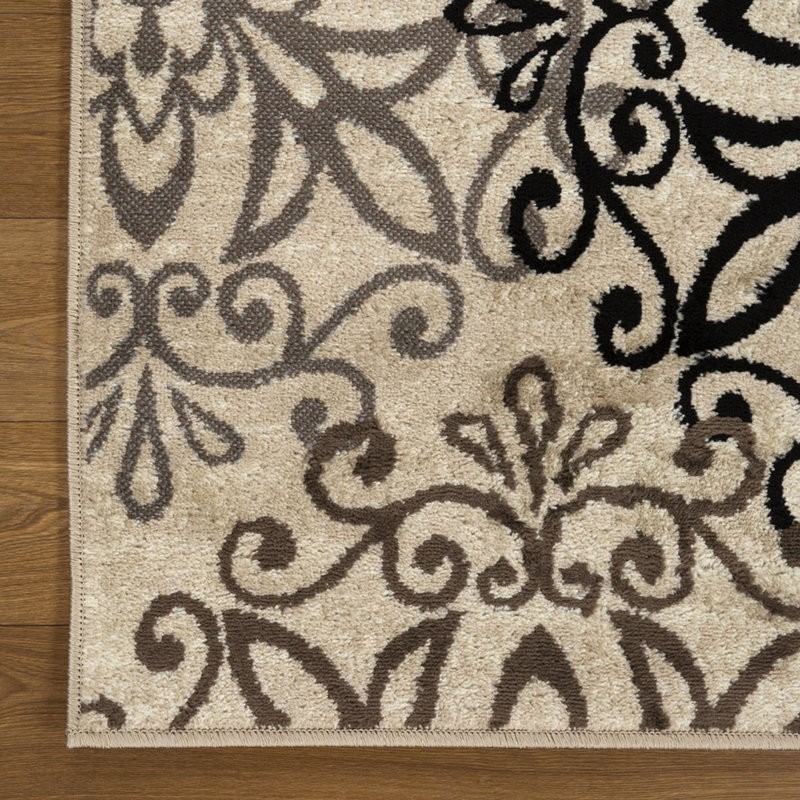 Magnuss Round Tan Gray And Black Round Floral Medallion Stain Resistant Area Rug, Square 5'