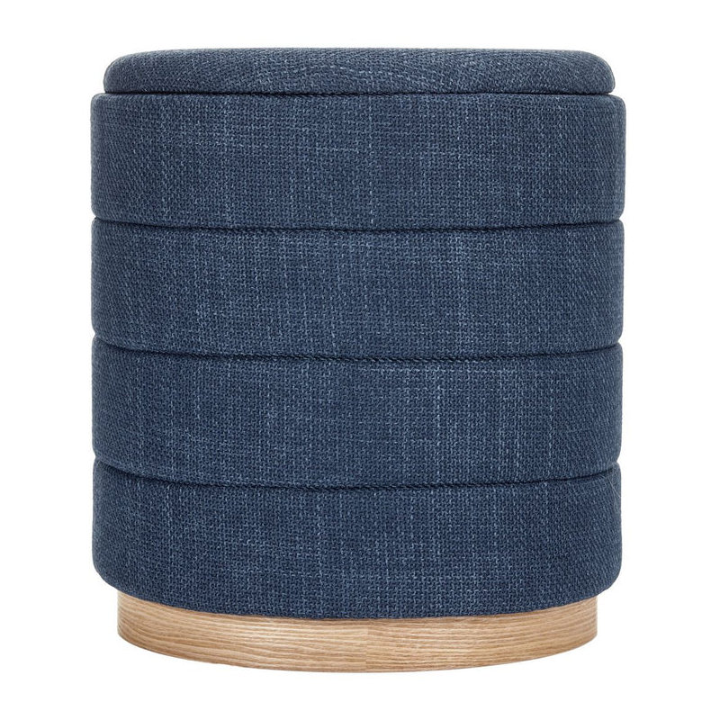 16" Round Upholstered Linen Storage Ottoman, Dark Blue