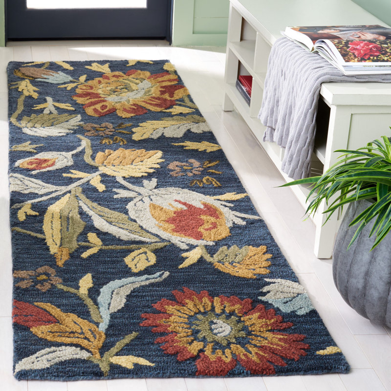 Marilyn Hand Tufted Wool Cotton Floral Rug in Navy Blue/Red, Runner 2'3" x 8'